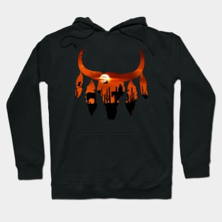 Sunset,cowboy,wild,rustic,desert, cow Skull and succulents plant Hoodie